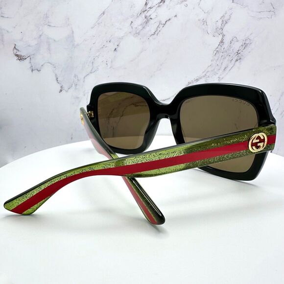 New Gucci Sunglasses Black Square Red Green Web Arms Gold Metal GG Logo - Picture 16 of 16